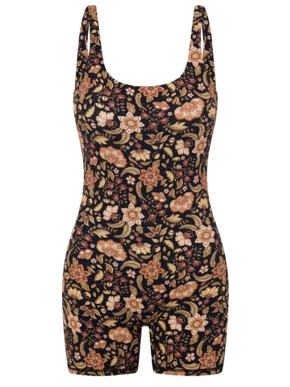 Floral Scoop Neck One-Piece Swimsuit in Black and Tan
